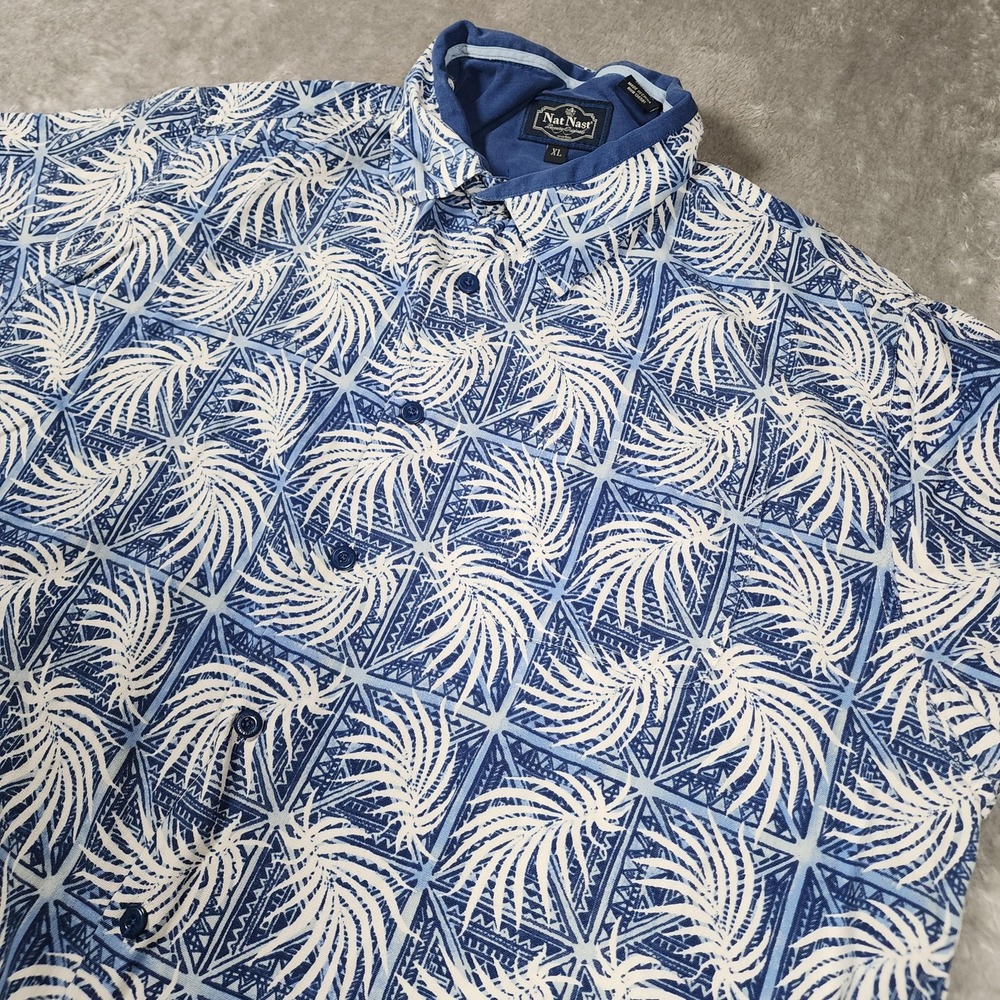 Nat Nast‎ Shirt Mens Extra Large Blue White Silk Cotton Hawaiian Palm Leaf Aloha